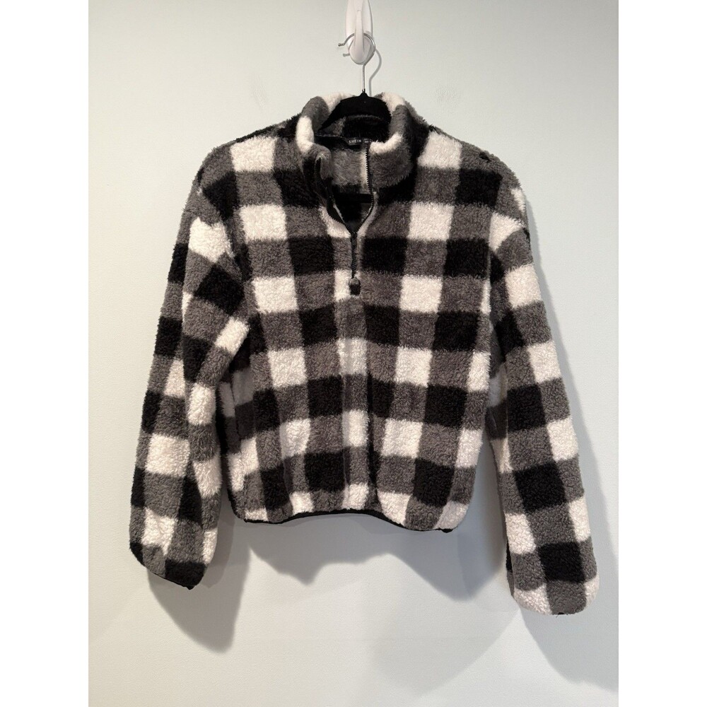 Buffalo Plaid Checkered Sherpa Zip Jacket Women Small Stretch Soft Travel Preppy